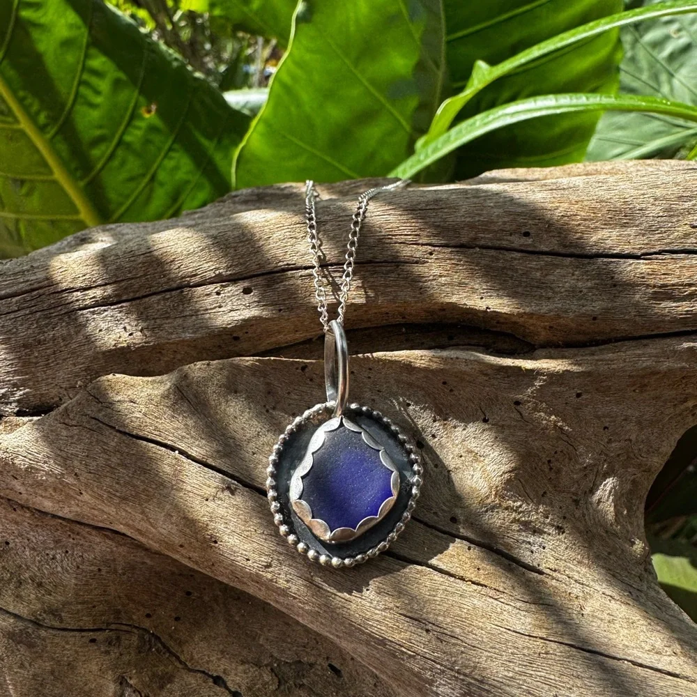 Cobalt blue sea glass Handmade 995 925 sterling silver soldered necklace - Picture 3 of 6